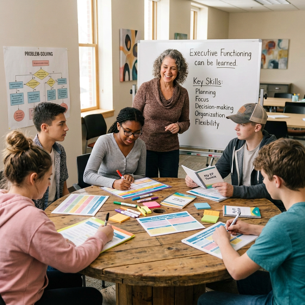 Group workshop on executive functioning with planning materials and whiteboard
